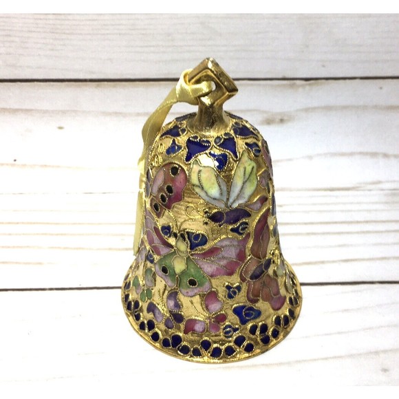 Vintage 1998 Cloisonné Enamel Bell Shaped Ornament Goldtone w/Butterflies - Picture 4 of 5